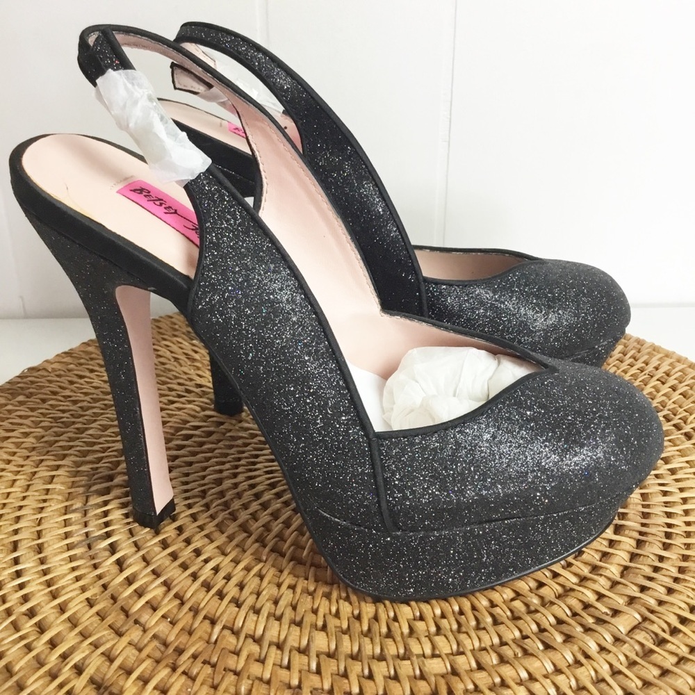 Betsey Johnson Black Glitter Platform Heels Size 7 New Sling Back